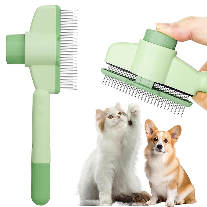 Cat Comb Dog Comb Pet Hair Removal Tool Flea Comb for Cats and Dog Lice Comb Cat Brush with Release Button Self-Cleaning with Long &amp; Short Stainless Steel Metal Teeth for Shedding