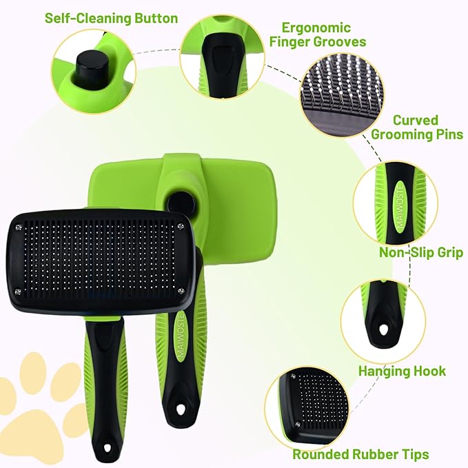 Large Self Cleaning Deshedding Brush for Dogs &amp; Cats - One Button Hair Release Grooming Tool, Gentle Massage Brush for Long and Short Hair (Green)