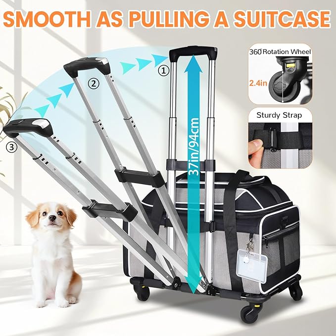 Petskd Top-Expandable Pet Carrier with Wheels 19x13x9 Inches Southwest Allegiant Airlines Approved, Soft-Sided Carrier for Small Dog Under 12 lbs and Large Cat Under 15 lbs(Black)
