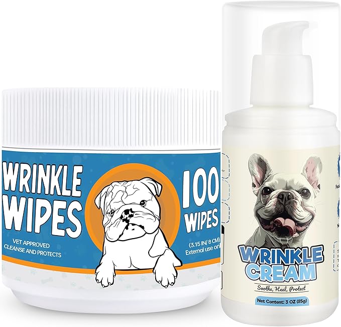 Bulldog Wrinkle Wipes &amp; Cream Bundle - Deep Cleaning Wrinkle Wipes + Soothing Dog Wrinkle Cream - Hypoallergenic for Bulldogs, Pugs, Frenchies (100 Wipes + 85g Cream)