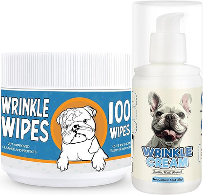 Bulldog Wrinkle Wipes &amp; Cream Bundle - Deep Cleaning Wrinkle Wipes + Soothing Dog Wrinkle Cream - Hypoallergenic for Bulldogs, Pugs, Frenchies (100 Wipes + 85g Cream)
