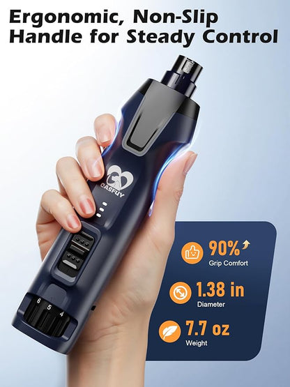 Casfuy 6-Speed Dog Nail Grinder – 50%+ Boost Power Dog Nail Trimmers Quiet with Dust Cap &amp; 2 LED Lights &amp; 2000mAh Battery &amp; 4.8V Motor Electric Pet Toenail File Tool for Large Medium Small Dogs Cats
