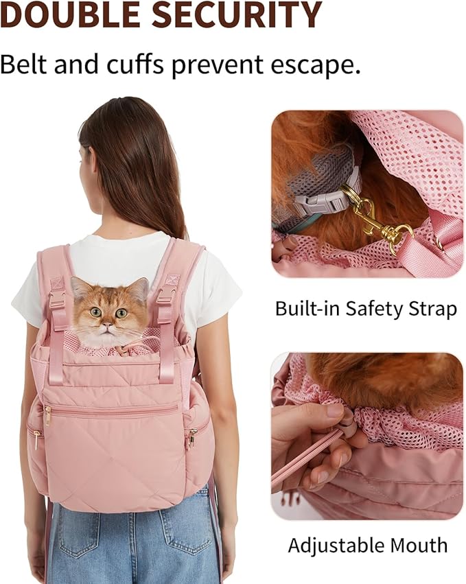 OFY Cat Carrier Puffy Backpack Breathable Small Dog Front Backpack Large Space for Small Dogs, Drawstring &amp; Water-Resisant Pet Bag for Travel Hiking, Lotus Pink Patent Pending