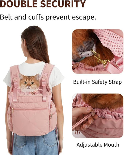 OFY Cat Carrier Puffy Backpack Breathable Small Dog Front Backpack Large Space for Small Dogs, Drawstring &amp; Water-Resisant Pet Bag for Travel Hiking, Lotus Pink Patent Pending