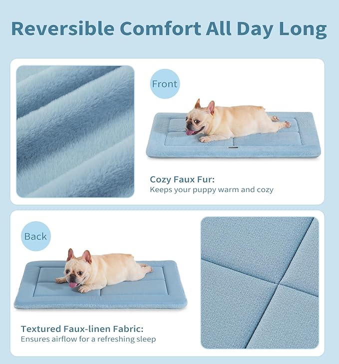 Made4Pets Dog Crate Pad Bed for Medium Dogs, Washable &amp; Reversible, Anti-Slip Kennel Mat for Cozy Sleeping, Soft Fluffy Dog Bed for Indoor &amp; Outdoor Use, 29"x21", Blue