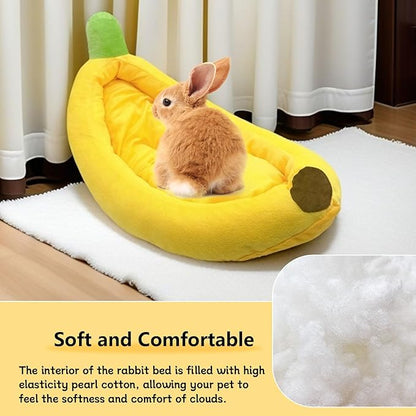 Bunny Bed,Rabbit Bed,Thick&amp;Soft with Removable Mat,Machine Washable Guinea Pig Cushion,Cozy Bunny Plush House,Warm Small Animal Sleeping Beds(Yellow Banana Shape-M)