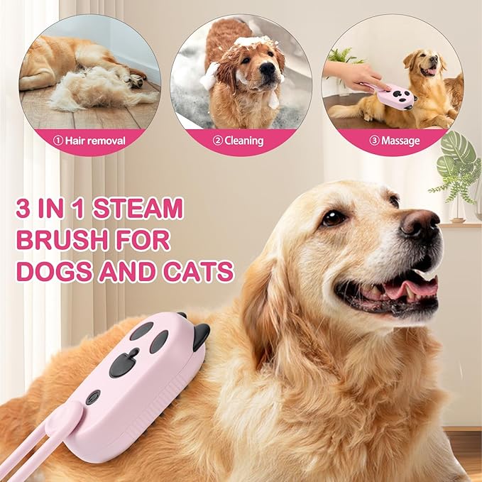 Pet Steam Brush for Dog &amp; Cat,3-in-1 Spray Hair Removal Comb,Pet Steam Groomer Comb,Water Brush for Long &amp; Short Haired Pets,Massage, Cleaning, Multifunctional Hair Removal Comb for Cats Dogs (Pink)