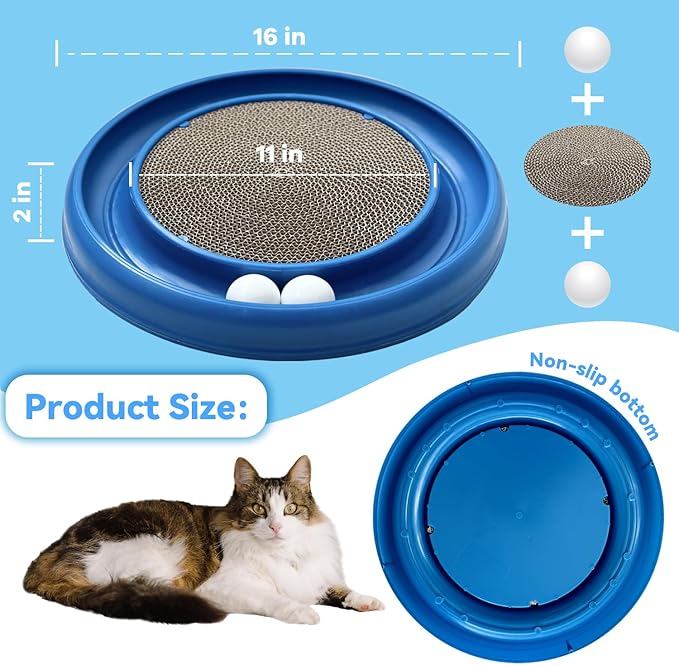 Interactive Cat Ball Track Toy for Indoor Cats, Cat Scratching Board &amp; Exercise Set for Bored Indoor Adult and Kitten Mental &amp; Physical Stimulation, with Spare Ball to Prevent Loss (Blue)