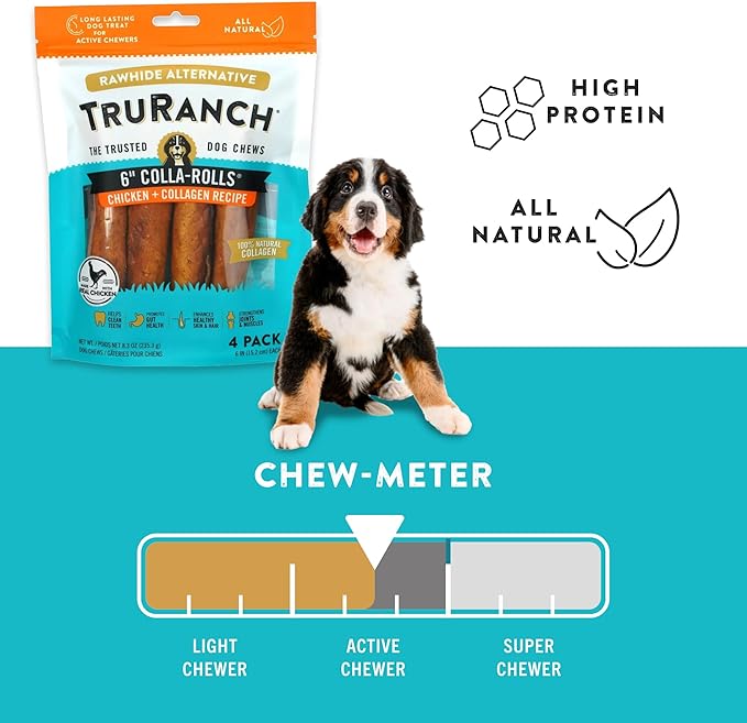 Collagen Rolls - 6" Collagen Rolls for Dogs - Long Lasting Healthy Joint Support - Rawhide Alternative - Skin &amp; Coat Health - Made with Real Chicken, Value Pack, 3 Bags, 12 Count
