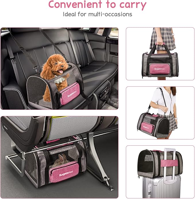 BurgeonNest Cat Carriers for Medium Puppy Under 25 lbs, Pet Carrier for Cats with Unique Side Bag,Top Load Small Pet Bag Soft-Sided Escape Proof with 4 Ventilated Windows