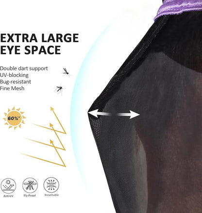 Harrison Howard Pro Luminous Horse Half Face Fly Mask Large Eye Space with Ears UV Protection for Horse Gentle Lavendar L