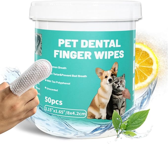 Dog Teeth Dental Finger Wipes for Dogs &amp; Cats No-Rinse Dog Finger Toothbrush Dog Plaque &amp; Tartar Prevention with Brushing Beads Dog Breath Freshene 50pcs