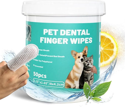 Dog Teeth Dental Finger Wipes for Dogs &amp; Cats No-Rinse Dog Finger Toothbrush Dog Plaque &amp; Tartar Prevention with Brushing Beads Dog Breath Freshene 50pcs