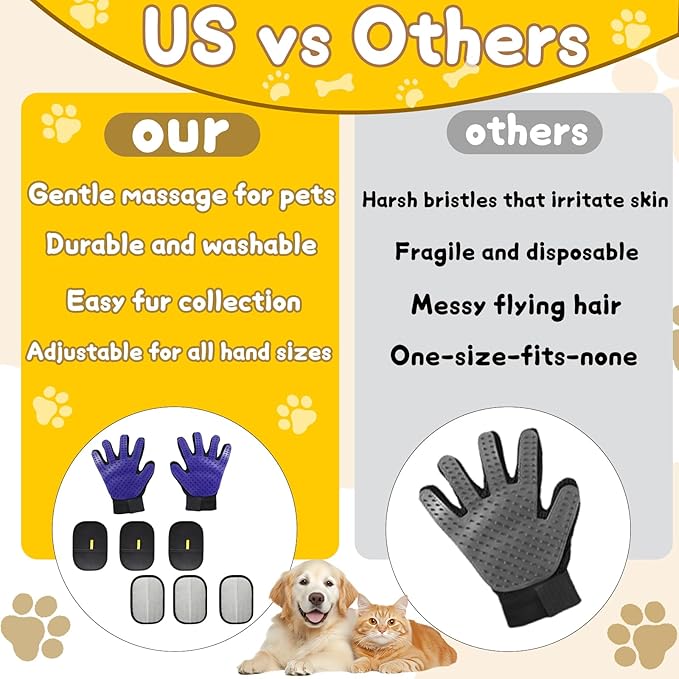 8 Pcs Pet Grooming Gloves for Shedding – 6x Reusable Cat &amp; Dog Hair Removal Gloves+ 1 Pair 2-in-1 Deshedding Brush &amp; Massage Mitt – Safe for Dogs &amp; Cats, Efficient (Blue)