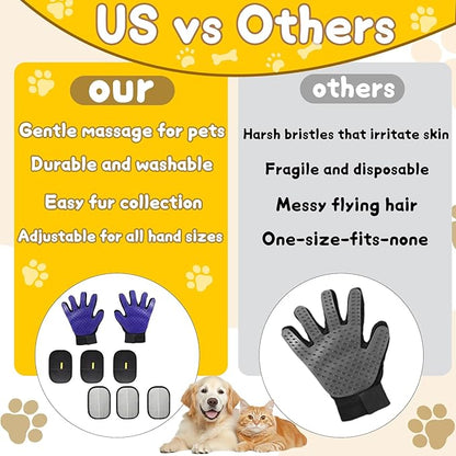 8 Pcs Pet Grooming Gloves for Shedding – 6x Reusable Cat &amp; Dog Hair Removal Gloves+ 1 Pair 2-in-1 Deshedding Brush &amp; Massage Mitt – Safe for Dogs &amp; Cats, Efficient (Blue)