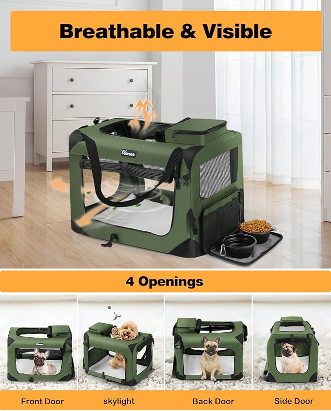 Extra Large Dog Crate with 2 Foldable Bowl, 36 Inch Collapsible Travel Dog Crate Kennel with Soft Blanket for Medium Dogs,Indoor &amp; Outdoor (36" L x 25" W x 25" H, Green)