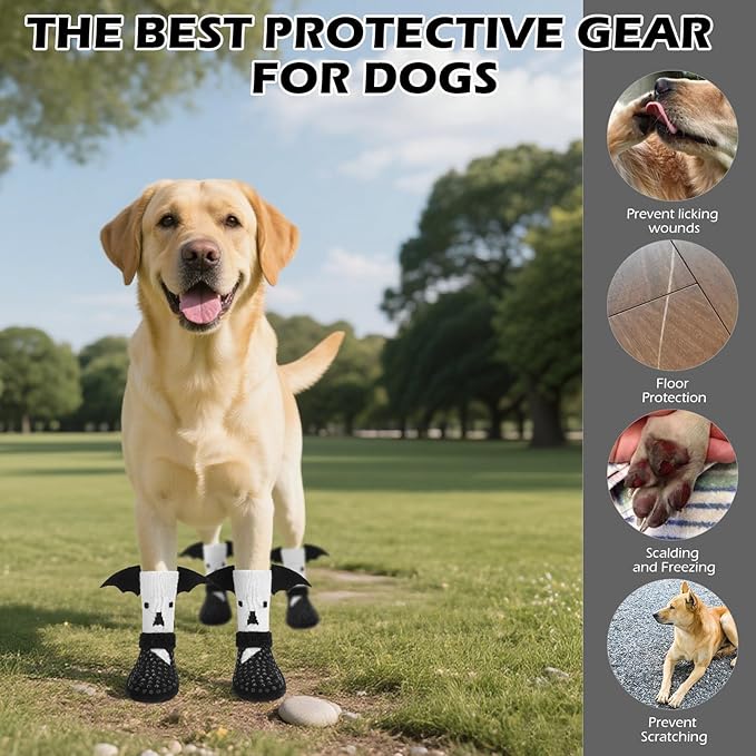 EXPAWLORER Halloween Anti Slip Dog Socks to Prevent Licking Paws, Boots &amp; Paw Protectors with Grippers,Doggie Booties for Hardwood Floors for Small Medium Large Senior Dogs Costume White Ghost Wings S