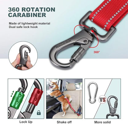 IOKHEIRA Dog Seat Belt 3-in-1 Car Harness for Dogs Adjustable Safety Seatbelt for Car Durable Nylon Reflective Bungee Fabric Tether with Clip Hook Latch &amp; Buckle, Swivel Zinc Alloy Carabiner Red