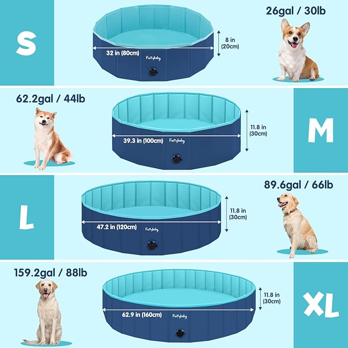 Furrybaby Foldable Dog Pool, Small Dog Swimming Pool for Dogs, Collapsible Hard Plastic Doggie Pool, Portable Bath Tub for Pets Dogs and Cats, Navy 32&