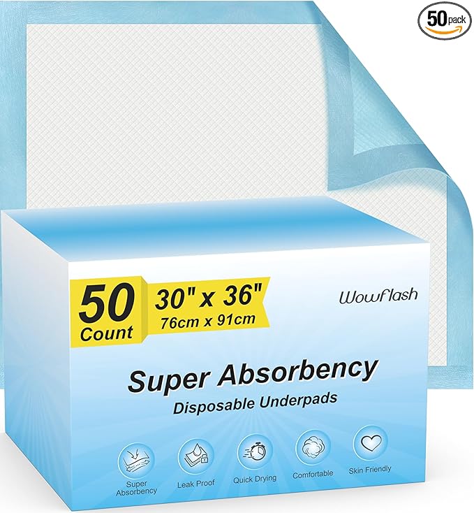 50 Count 30” x 36” Super Absorbency Disposable Underpads, Leakproof Quick Drying, Baby Puppy &amp; Adults Bed Pads Disposable Adults, Dog Pee Pads Extra Large, XXL Incontinence Pads