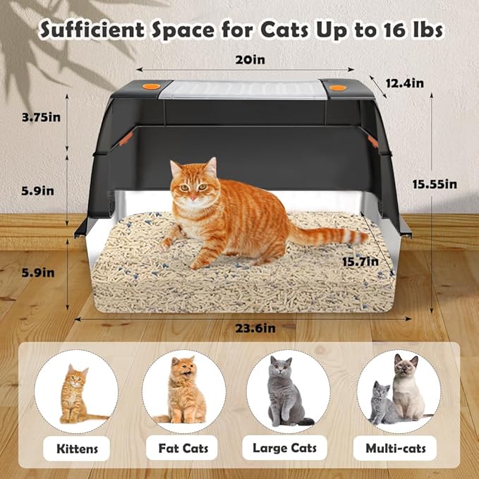 Vivifying Stainless Steel Litter Box, XL Side Entry Extra Large Litter Box with Lid for Big Cats &amp; Kitty, Removable Enclosed Metal Cat Pan with High Sided Enclosure, Scoop, Mat, Footboard (Black)