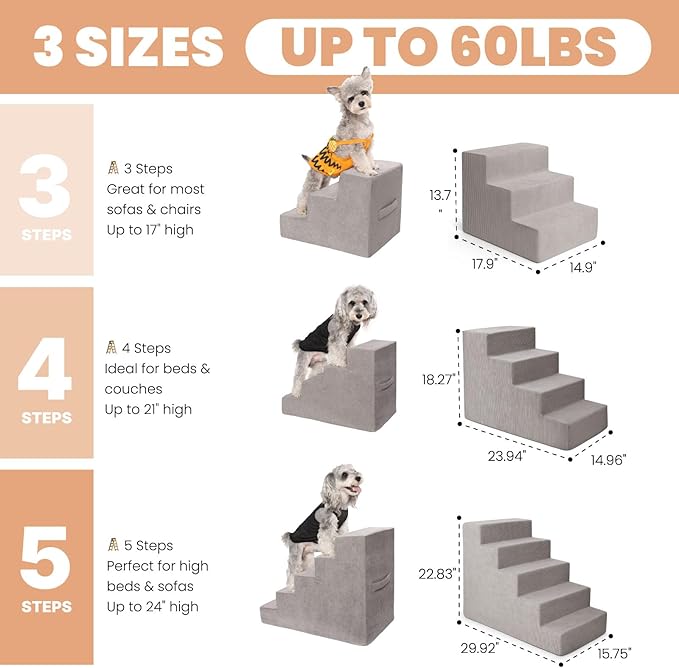 MEWANG Dog Stairs for Small &amp; Medium Dogs and Old Cats –3/4/ 5 Steps High-Density Foam Pet Ramp for Bed &amp; Couch, Non-Slip, Washable Cover, Grey (Square Corner, 4 Steps: 23.94&