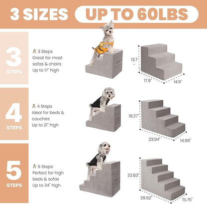 MEWANG Dog Stairs for Small &amp; Medium Dogs and Old Cats –3/4/ 5 Steps High-Density Foam Pet Ramp for Bed &amp; Couch, Non-Slip, Washable Cover, Grey (Square Corner, 5 Steps: 29.92&