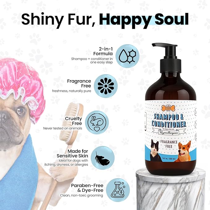 POM Pets 2-in-1 Organic Dog Shampoo &amp; Conditioner – Itchy Skin Relief, Dog Deshedding, Detangles Fur, Cat Shampoo, Paw Cleaner for Dogs, Natural Coat Defense Formula