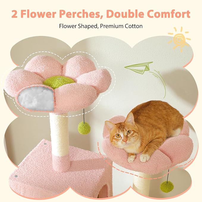 PAWZ Road Flower Cat Tree, 72 Inches Large Cat Tower with Steel Frame Hammock and 7 Scratching Posts, Tall Cat Tree with 2 Condos and Perches for Large Indoor Cats - Pink