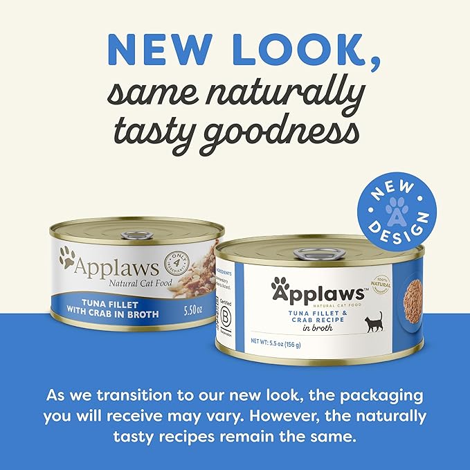 Applaws Natural Wet Cat Food in Broth, Limited Ingredient Canned Wet Cat Food, No Additives, Made with Natural Ingredients, Tuna Fillet &amp; Crab in Broth (24 x 5.5oz Cans)