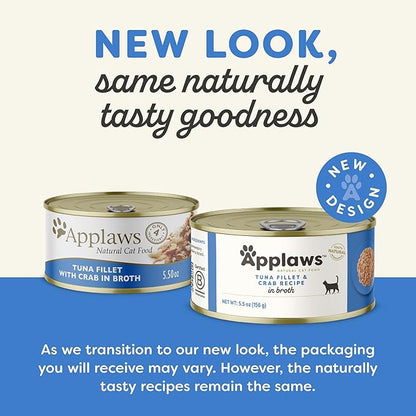Applaws Natural Wet Cat Food in Broth, Limited Ingredient Canned Wet Cat Food, No Additives, Made with Natural Ingredients, Tuna Fillet &amp; Crab in Broth (24 x 5.5oz Cans)