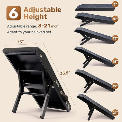 Wood Dog Ramp for Bed, 5-Level Adjustable Height (10" to 21") Pet Ramp with Non-Slip Surface for Couch, Bed and Car, Foldable Dog Ramp for Small, Medium to Large Dogs, Up to 200LBS