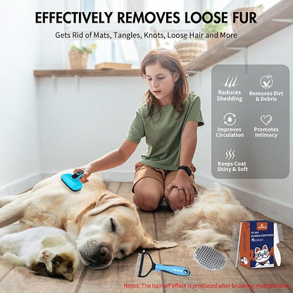 5 PCS Dog Grooming Brush Kit – Self Cleaning Slicker Brush for Shedding Short &amp; Long Haired Dogs &amp; Cats. Removes Loose Fur, Undercoat, Mats, Tangles. Suit for Small, Medium &amp; Large Pets. Blue