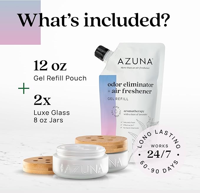Azuna Air Freshener &amp; Odor Eliminator for Strong Odor | 2 Room Kit Includes (2) 8 oz. Empty Luxe Glass Jars &amp; 12 oz | Refill with Tea Tree Essential Oil Gel | Aromatherapy | Last 60-90 Days