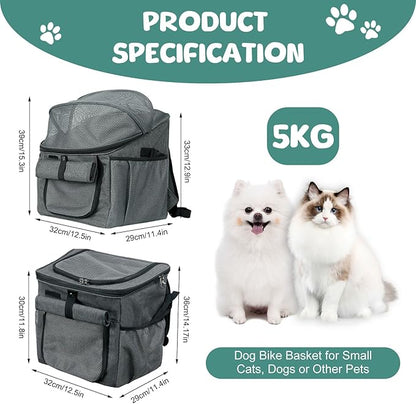 Qivine Dog Bike Basket, Oxford Cloth Dog Basket for Bike with Adjustable Mesh Windows, 11 Lbs Portable Dog Carrier for Bike with Widen Shoulderpad, Bicycle Basket Bag for Dogs and Cats