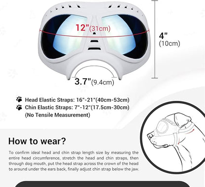 Dog Goggles for Medium-Large Breeds Windproof Anti-UV Pet Sunglasses with Adjustable Straps for Large Dog - White