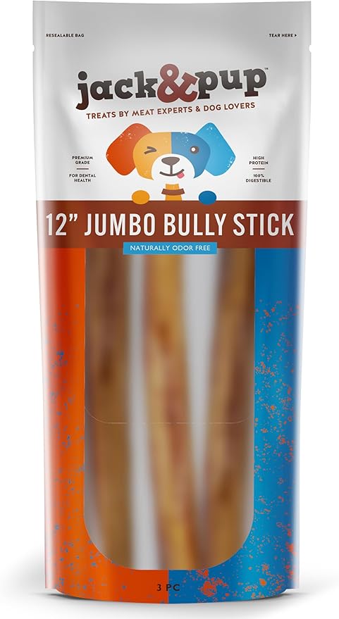 Jack&amp;Pup 12 Inch Bully Sticks for Large Dogs (3 Pack) Jumbo Dog Chews for Aggressive Chewers | All Natural, Odor Free Bully Sticks for Dogs