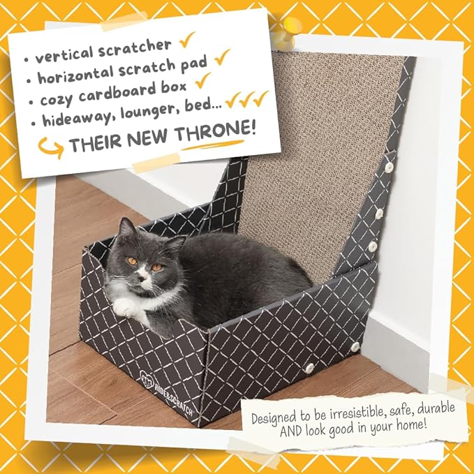 HIDE &amp; SCRATCH 26" L Shaped Cat Scratcher Box and Cat Bed with Double-Sided Cardboard Cat Scratch Pad