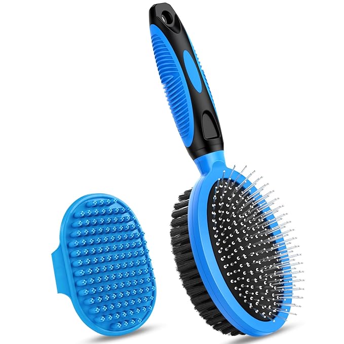 2PCS Pet Grooming Tools - Double-Sided Brush for Shedding and Bathing, Suitable for Short/Long Haired Dogs Cats and Horses, Deshedding Dog Brush, Mane &amp; Tail Combs for Horses - Pet Supplies (Blue)