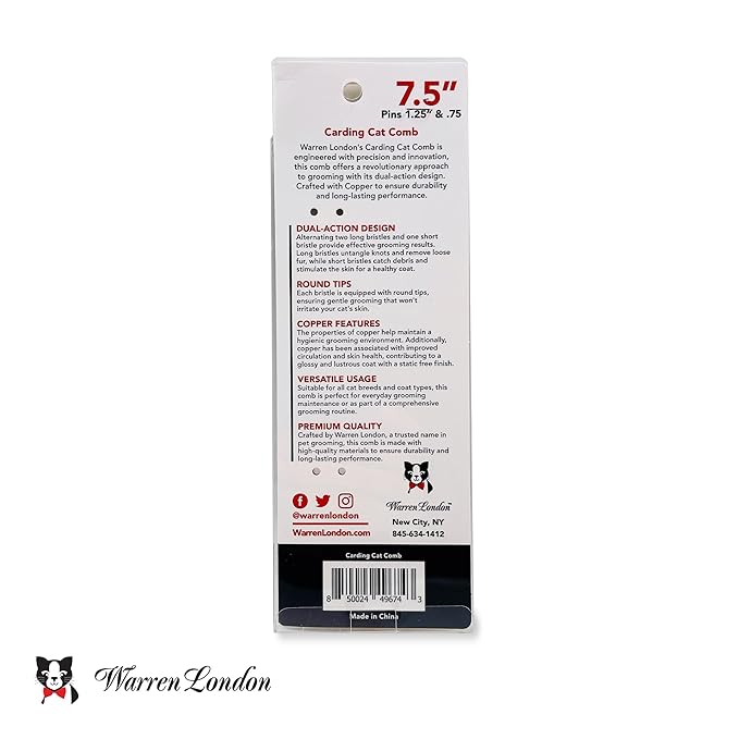 Warren London Carding Cat Comb | 7.5 inches made with Copper | Rounded Tips Prevent Irritation | Dual Tooth Design for Short &amp; Long Hair removes Mats and Tangles