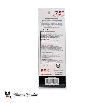 Warren London Carding Cat Comb | 7.5 inches made with Copper | Rounded Tips Prevent Irritation | Dual Tooth Design for Short &amp; Long Hair removes Mats and Tangles