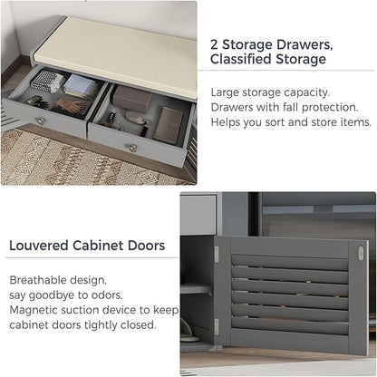 Shoe Storage Bench with 2 Drawers &amp; 2 Doors, Entryway Bench with Cushion, 2 Adjustable Shelves, Shoe Cabinet for Entryway, Living Room, Hallway, Mudroom, Bedroom, Grey
