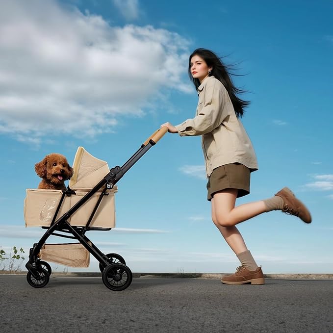 Lightweight Dog Stroller Portable Compact Folded Pet Stroller for Small/Medium Dogs &amp; Cats Up to 35lbs One Click Folding Large Cat Carriage with Adjustable Canopy Storage Basket- Khaki