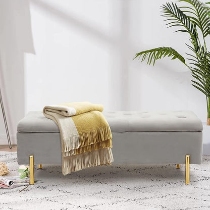 45.6 Inch Velvet Storage Bench, Tufted Upholstered Ottoman with Storage, Bedroom Living Room Entryway Rectangular Accent Bench, Grey