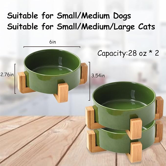 Petygooing Ceramic Dog Bowl Set with Stand, Cat &amp; Dog Food and Water Bowls, Medium Size - Anti-Slip Set of 2 - 28 OZ /3.6 Cups - Rust Green