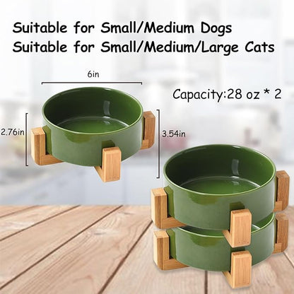Petygooing Ceramic Dog Bowl Set with Stand, Cat &amp; Dog Food and Water Bowls, Medium Size - Anti-Slip Set of 2 - 28 OZ /3.6 Cups - Rust Green