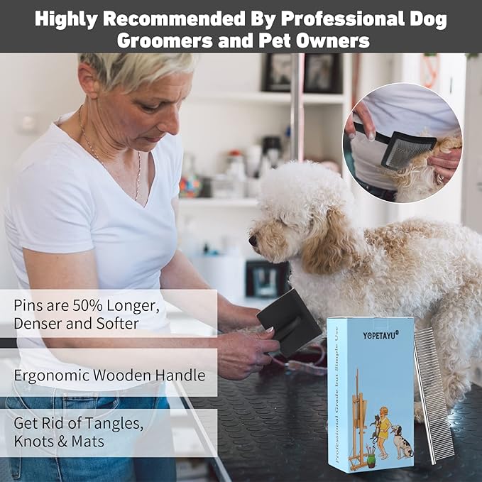 Dog Slicker Brush for Shedding and Grooming Medium or Long Haired Cats, Extra Long &amp; Soft Pin Slicker Brush for Removes Loose Hair, Tangles, Knots, Undercoat, Free Pet Comb, Large Black