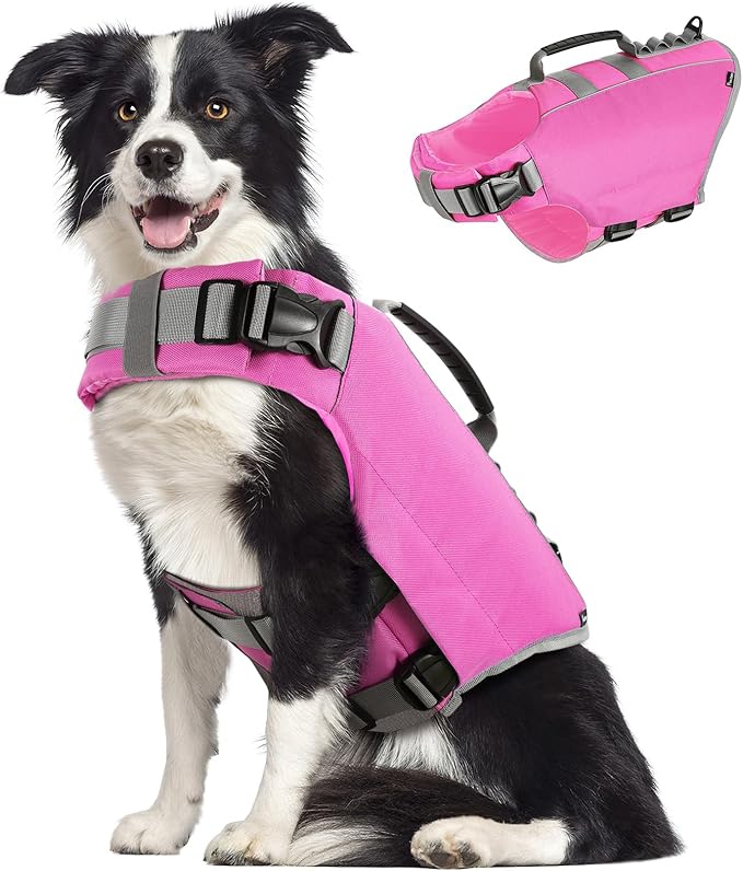 Pawaboo Dog Life Jacket, Reflective Dog Safety Vest Adjustable Pet Life Preserver with Strong Buoyancy &amp; Sturdy Rescue Handle, Ripstop Dog Lifesaver Vests for Swimming, Boating, L, Pink