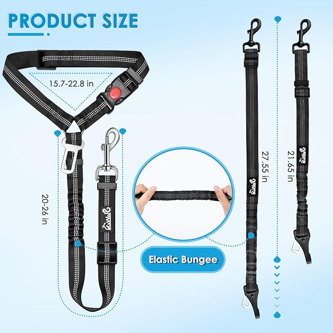 Lukovee Dog Seatbelt Leash for Cars, 2 Pack Pet Safety Car Seat Belt with Adjustable Buckle &amp; Reflective Bungee, Connect Dog Harness in Vehicle Car Dogs Restraint Travel Daily Use (Black)