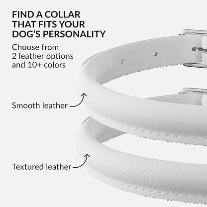 CollarDirect Rolled Leather Dog Collar, Soft Padded Round Puppy Collar, Handmade Genuine Leather Collar Dog Small Large Cat Collars 13 Colors (11-14 Inch, White Smooth)
